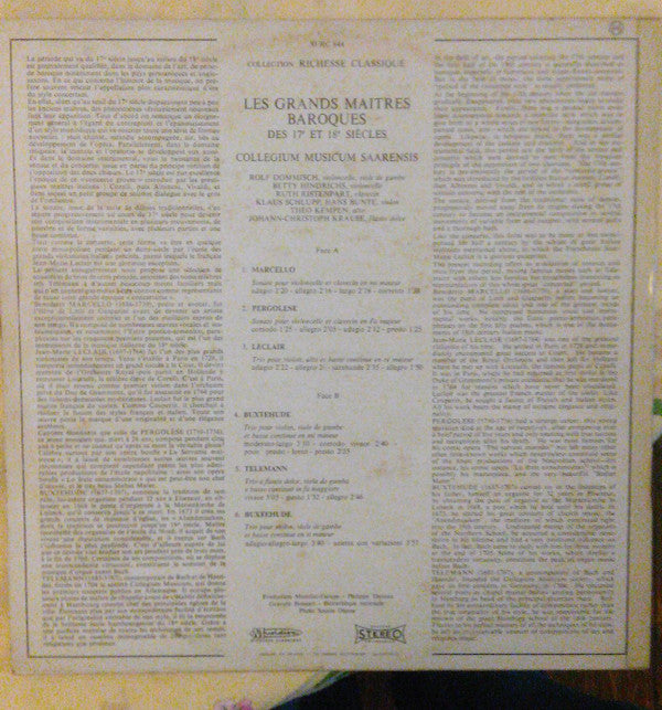 Collegium Musicum Saarensis : Les Grands Maitres Baroques Des 17e Et 18e Siecles (LP, Comp)