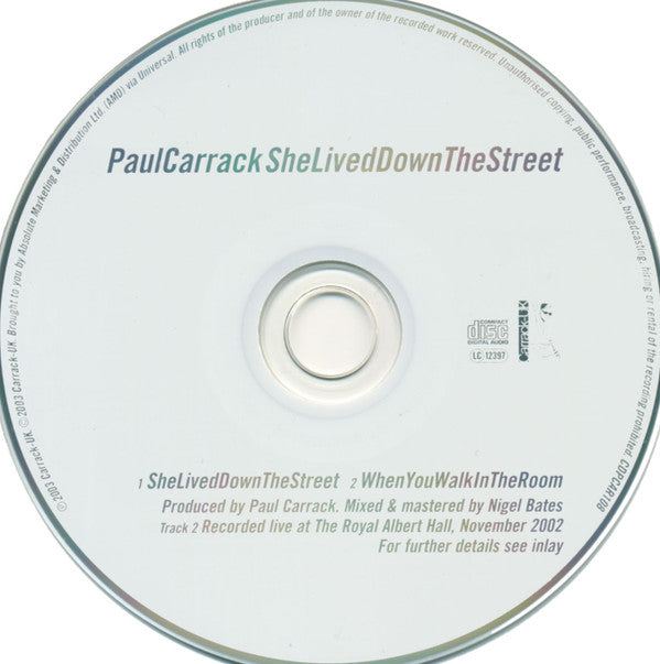 Paul Carrack : She Lived Down The Street (CD, Single)