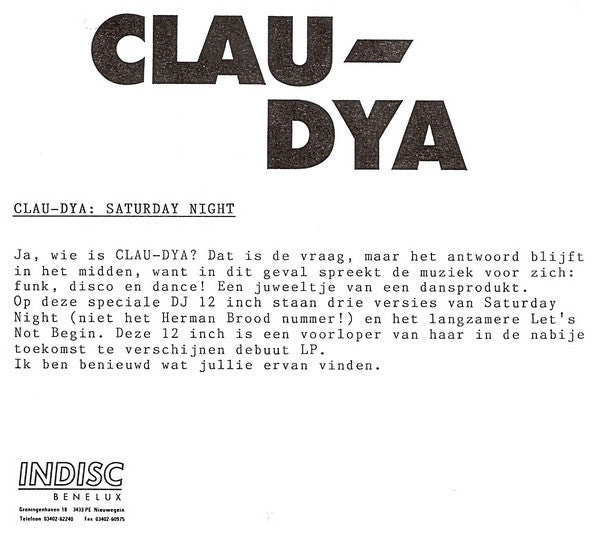 Clau-dya* : Saturday Night (12", Promo, W/Lbl)