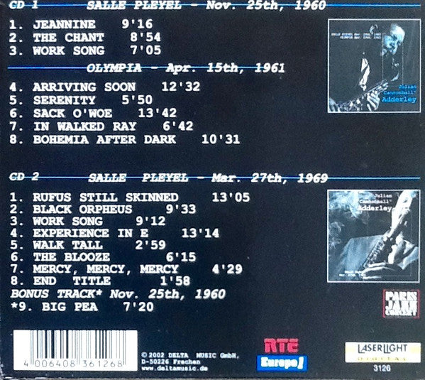 Cannonball Adderley : Salle Pleyel Nov. 25th, 1960, Olympia Apr. 15th, 1961, Salle Pleyel Mar. 27th, 1969 (2xCD, Comp, Sli)