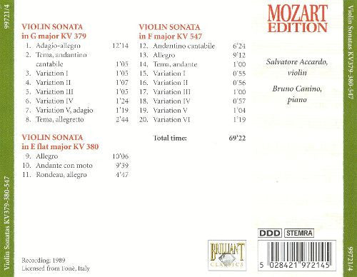Wolfgang Amadeus Mozart : Violin Sonatas KV 379-380-547 (CD)