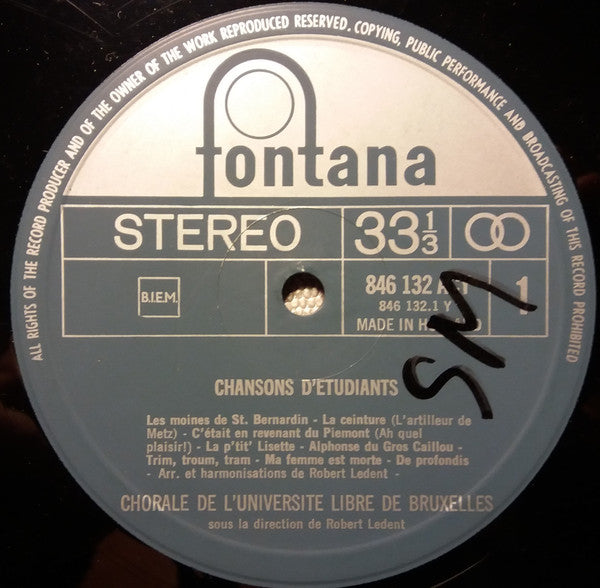 Chorale De L'Université Libre De Bruxelles : Chansons d'Etudiants (LP, Mono)