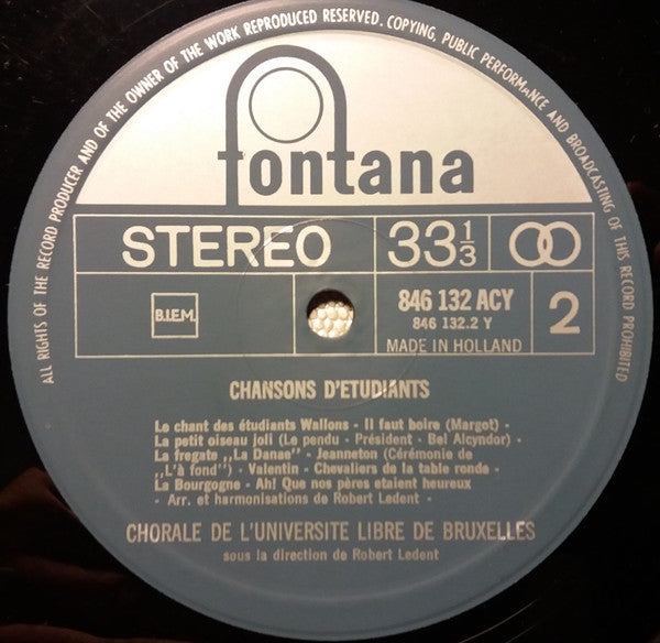 Chorale De L'Université Libre De Bruxelles : Chansons d'Etudiants (LP, Mono)