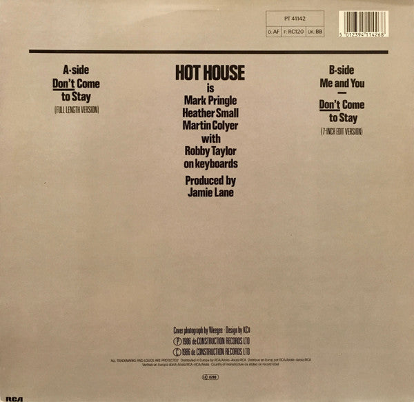 Hot House : Don't Come To Stay (12", Maxi)