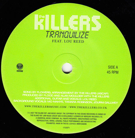 The Killers Feat. Lou Reed : Tranquilize (7", S/Sided, Single, Etch, Ltd, Num)