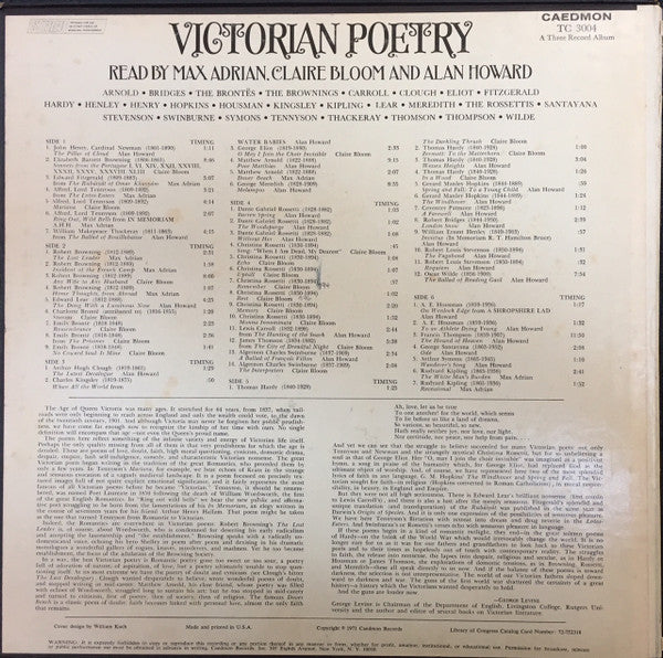 Matthew Arnold, Robert Bridges [ .  .  . ] Alfred Lord Tennyson, Oscar Wilde : Victorian Poetry: Read By Max Adrian, Claire Bloom And Alan Howard (3xLP, Album, Box)
