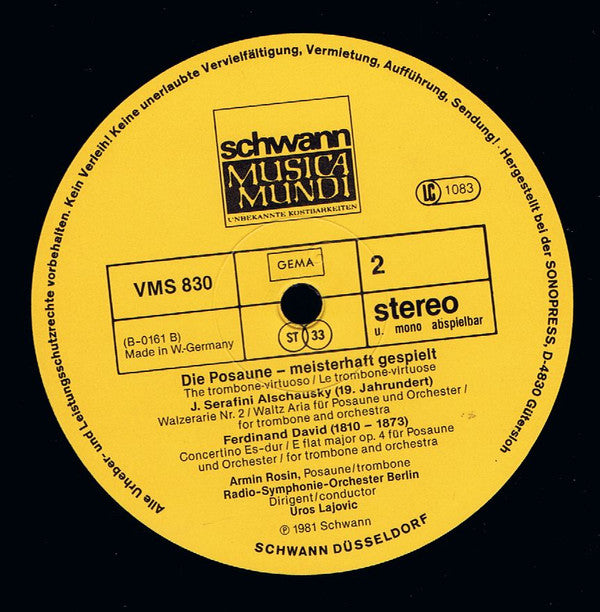 Leopold Mozart, Joseph Serafini Alschausky, Ferdinand David, Michel Becquet, Armin Rosin, Radio-Symphonie-Orchester Berlin, RIAS Sinfonietta, Uroš Lajovic, Ernö Sebestyen : Die Posaune Meisterhaft Gespielt (LP)