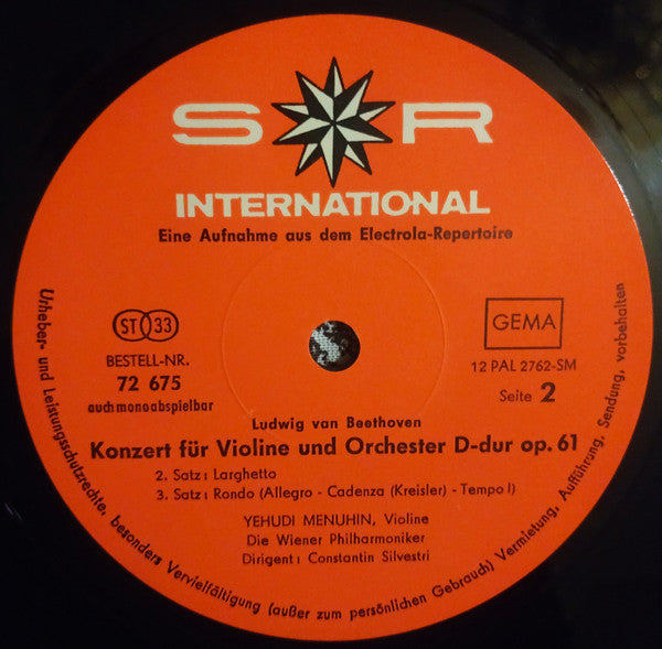 Ludwig van Beethoven, Yehudi Menuhin, Wiener Philharmoniker, Constantin Silvestri : Konzert Für Violine Und Orchester Op. 61 (LP, Club, RE)