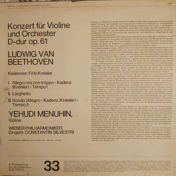 Ludwig van Beethoven, Yehudi Menuhin, Wiener Philharmoniker, Constantin Silvestri : Konzert Für Violine Und Orchester Op. 61 (LP, Club, RE)