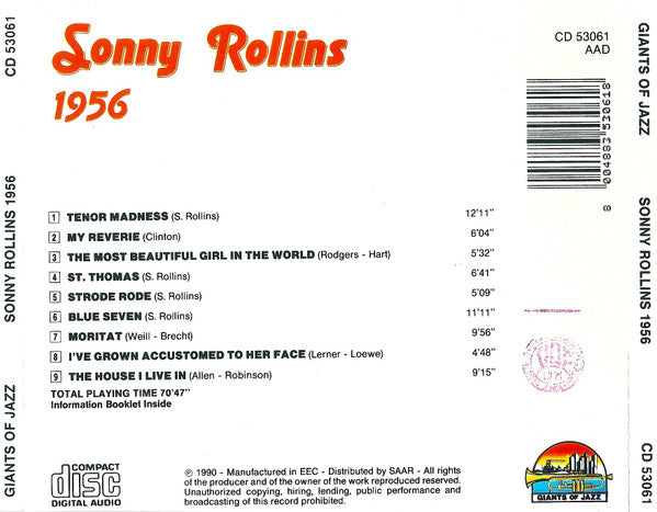 Sonny Rollins : 1956 Tenor Madness (CD, Comp, RP)