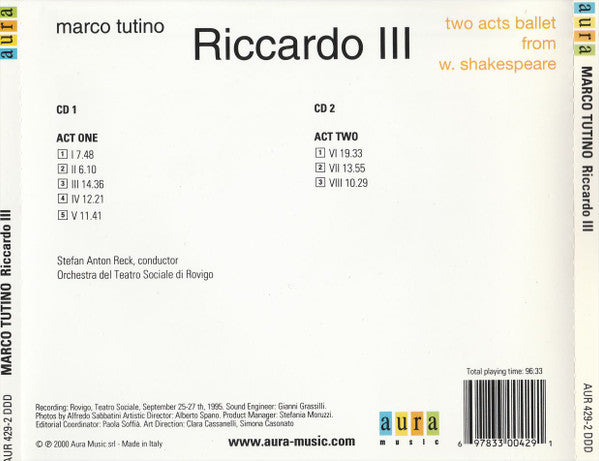 Marco Tutino - Stefan Anton Reck, Orchestra Del Teatro Sociale Di Rovigo : Riccardo III (Two Acts Ballet From W. Shakespeare) (2xCD, Album, RE)