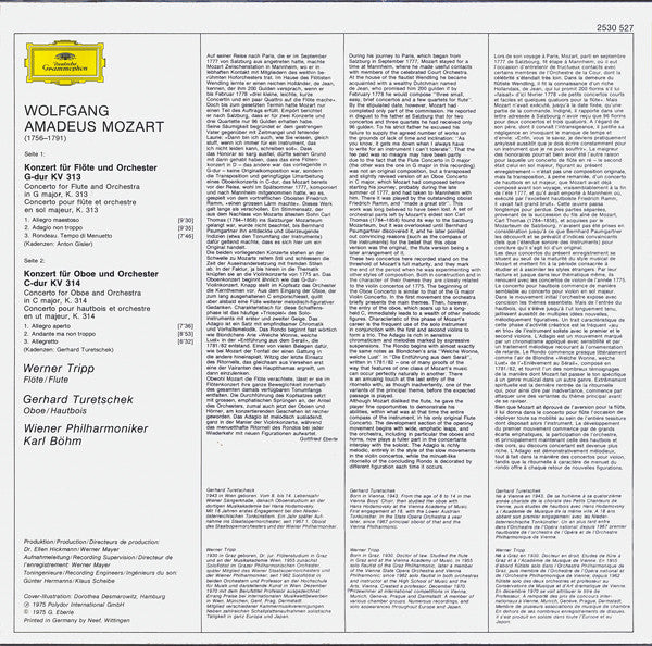 Wolfgang Amadeus Mozart, Gerhard Turetschek ∙ Werner Tripp, Wiener Philharmoniker ∙ Karl Böhm : Flötenkonzert (= Flute Concerto) Nr. 1 ∙ Oboenkonzert (= Oboe Concerto) (LP)