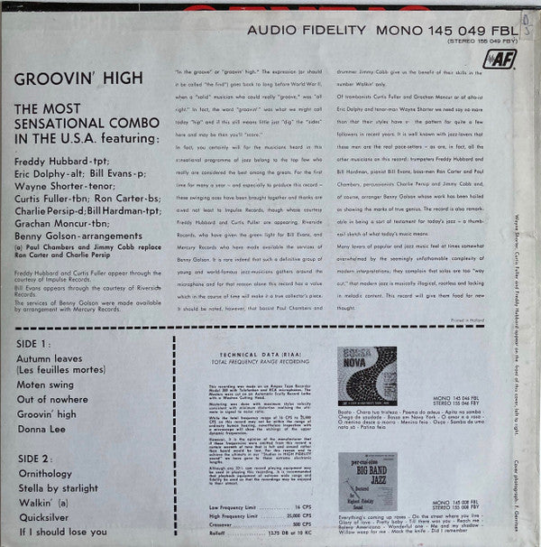Freddie Hubbard, Eric Dolphy, Bill Evans, Wayne Shorter, Curtis Fuller, Ron Carter, Charlie Persip, Bill Hardman, Grachan Moncur III, Benny Golson : Groovin' High (LP, Album, Mono)