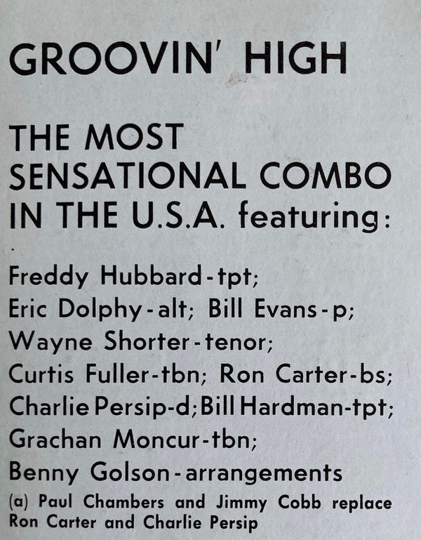 Freddie Hubbard, Eric Dolphy, Bill Evans, Wayne Shorter, Curtis Fuller, Ron Carter, Charlie Persip, Bill Hardman, Grachan Moncur III, Benny Golson : Groovin' High (LP, Album, Mono)