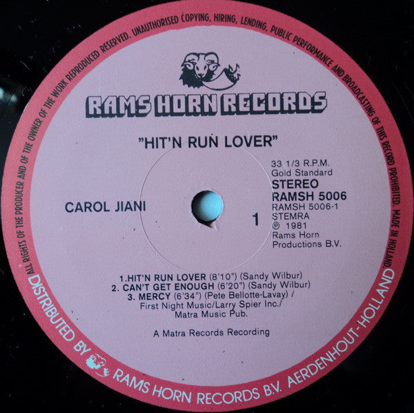 Carol Jiani : Hit'n Run Lover (LP, Album)