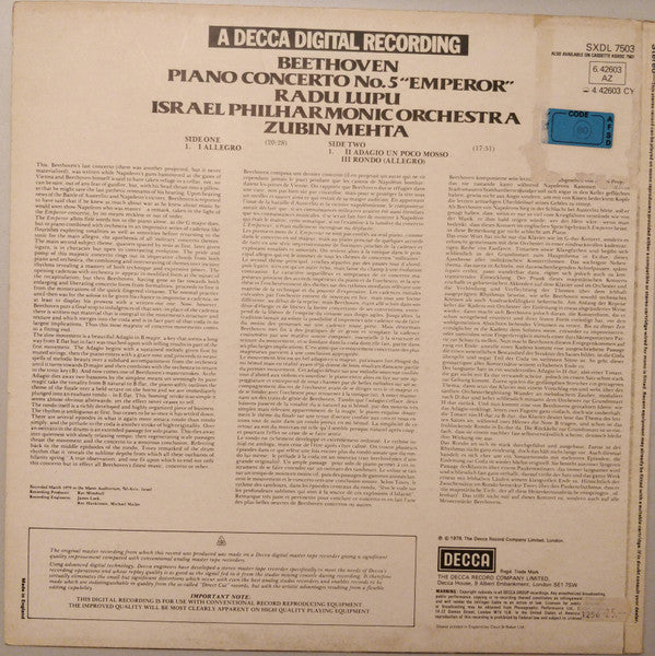 Ludwig Van Beethoven / Radu Lupu / Israel Philharmonic Orchestra / Zubin Mehta : Piano Concerto No.5 "Emperor" (LP)