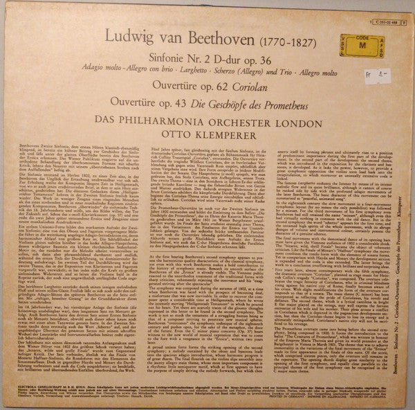 Ludwig van Beethoven, Philharmonia Orchestra, Otto Klemperer : 2.Sinfonie D-Dur Op. 36 Ouverturen Zu ”Coriolan” Und "Die Geschöpfe Des Prometheus”  (LP)
