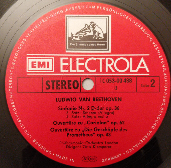 Ludwig van Beethoven, Philharmonia Orchestra, Otto Klemperer : 2.Sinfonie D-Dur Op. 36 Ouverturen Zu ”Coriolan” Und "Die Geschöpfe Des Prometheus”  (LP)