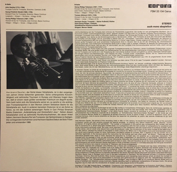 Tomaso Albinoni, Georg Friedrich Händel, John Stanley (2), Georg Philipp Telemann  -  Hermann Sauter, Rainer Kussmaul, Hans Georg Pflüger, Schwäbisches Kammerorchester  / Dirigent:  Werner Stiefel : Virtuose Trompetenmusik I (LP)