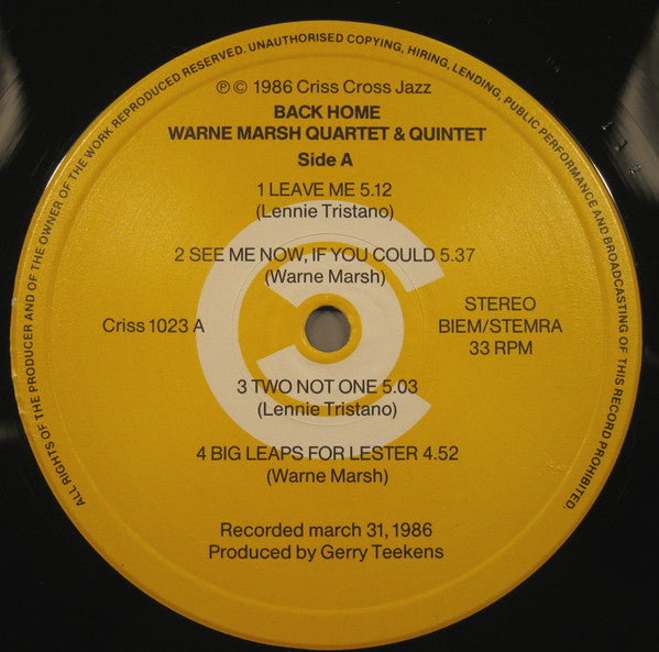 Warne Marsh Quartet & Warne Marsh Quintet : Back Home (LP, Album)