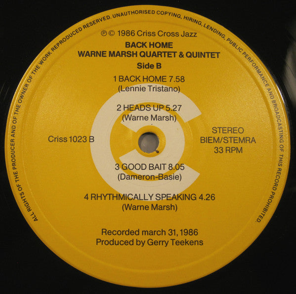 Warne Marsh Quartet & Warne Marsh Quintet : Back Home (LP, Album)