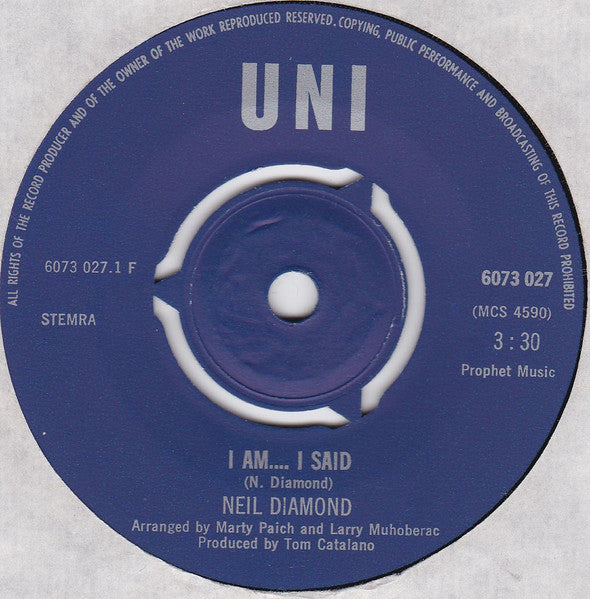 Neil Diamond : I Am... I Said (7", Single, Mono, Blu)