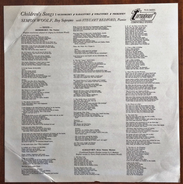 Igor Stravinsky / Sergei Prokofiev / Modest Mussorgsky / Dmitry Kabalevsky - Simon Woolf, Steuart Bedford : Children´s Songs (LP)