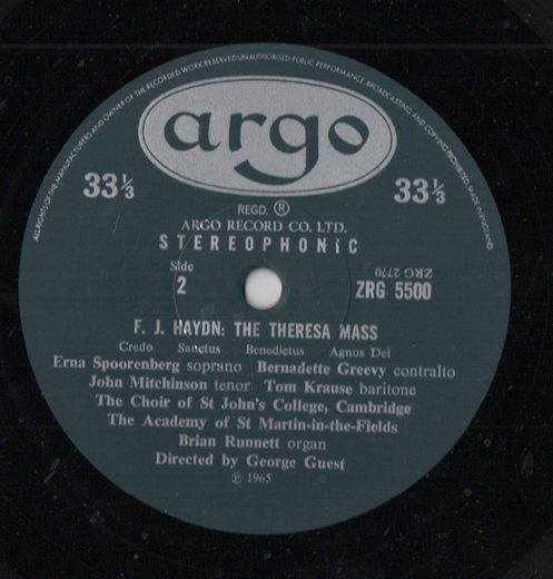 Joseph Haydn / Erna Spoorenberg, Bernadette Greevy, John Mitchinson, Tom Krause, St. John's College Choir, The Academy Of St. Martin-in-the-Fields Directed By George Guest (2) : Theresa Mass (LP, Album)