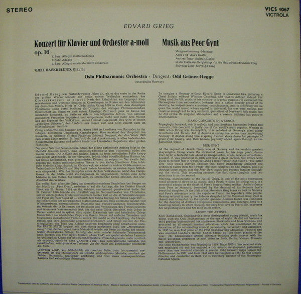 Edvard Grieg — Kjell Bækkelund - Oslo Filharmoniske Orkester, Odd Grüner-Hegge : Piano Concerto  •  Music From Peer Gynt (LP)