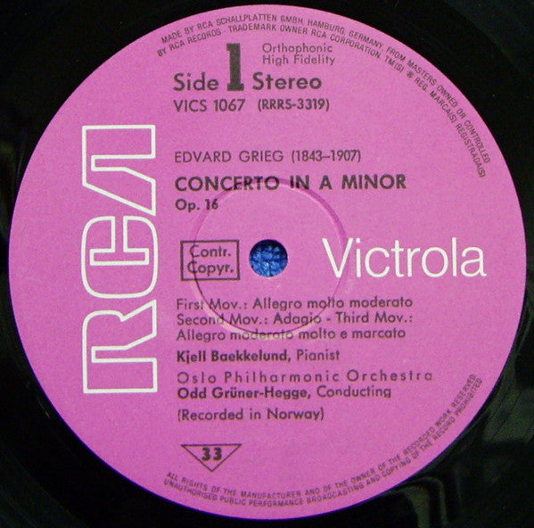 Edvard Grieg — Kjell Bækkelund - Oslo Filharmoniske Orkester, Odd Grüner-Hegge : Piano Concerto  •  Music From Peer Gynt (LP)