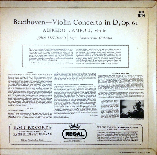Beethoven*, Alfredo Campoli, Royal Philharmonic Orchestra, John Pritchard : Violin Concerto (LP, RE)