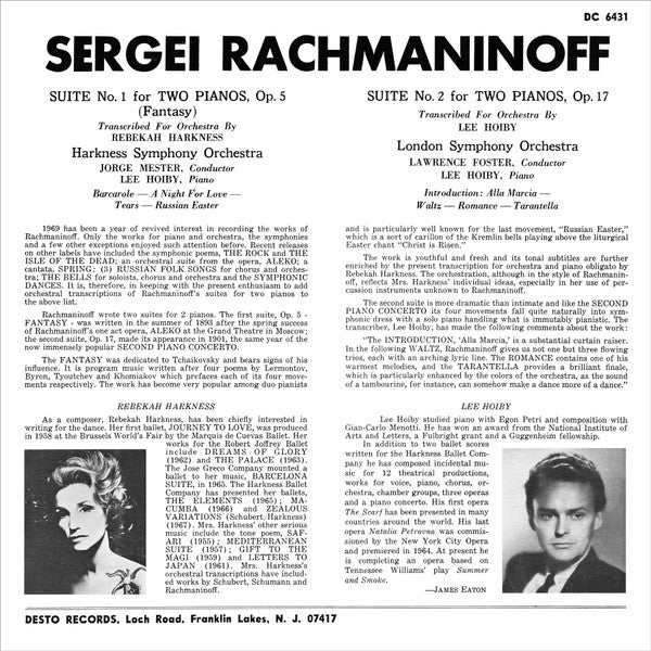 Lee Hoiby, Rebekah Harkness : Rachmaninoff Suites Nos. I and II For Two Pianos - DBX (LP, Album, dbx)