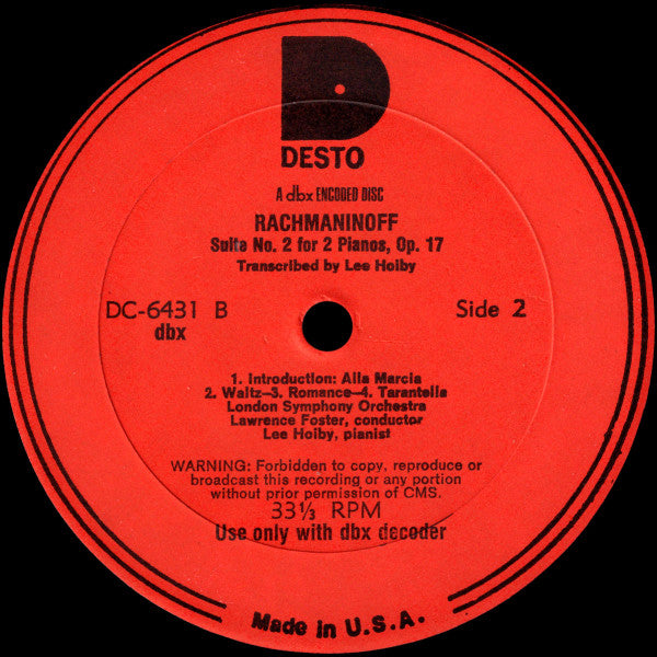 Lee Hoiby, Rebekah Harkness : Rachmaninoff Suites Nos. I and II For Two Pianos - DBX (LP, Album, dbx)