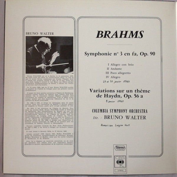 Brahms*, Bruno Walter, Columbia Symphony Orchestra : Symphonie N° 3/ Variations Sur Un Thème De Haydn  (LP, RE, Gat)