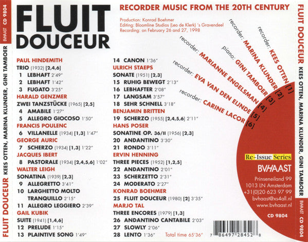 Kees Otten, Marina Klunder, Gini Tamboer : Fluit Douceur - Recorder Music From The 20th Century (CD, Album, RE)