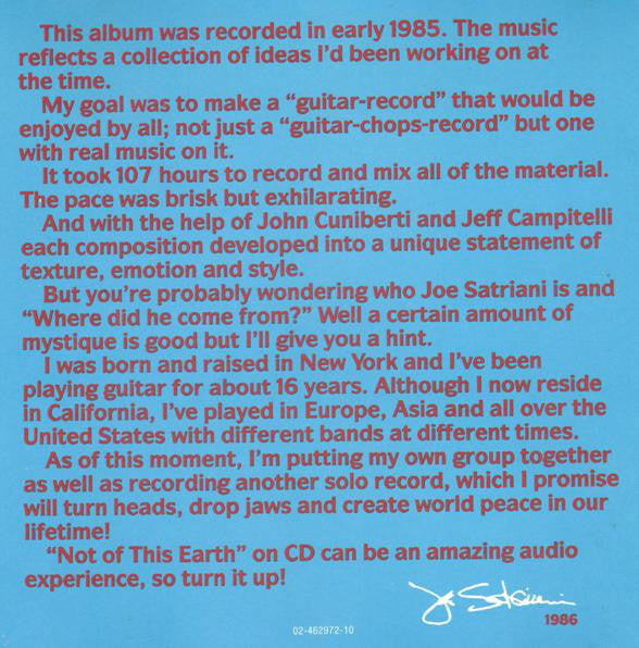 Joe Satriani : Not Of This Earth (CD, Album, RE)