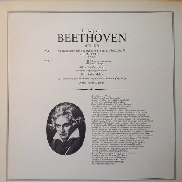 Alfred Brendel, Ludwig van Beethoven, Wiener Symphoniker, Zubin Mehta : Concerto Pour Piano L'Empereur / 32 Variations (LP, RE)