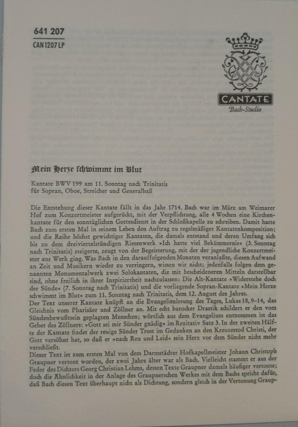 Johann Sebastian Bach : Mein Herze Schwimmt Im Blut / Meine Seele Rühmt Und Preist (LP, Mono)