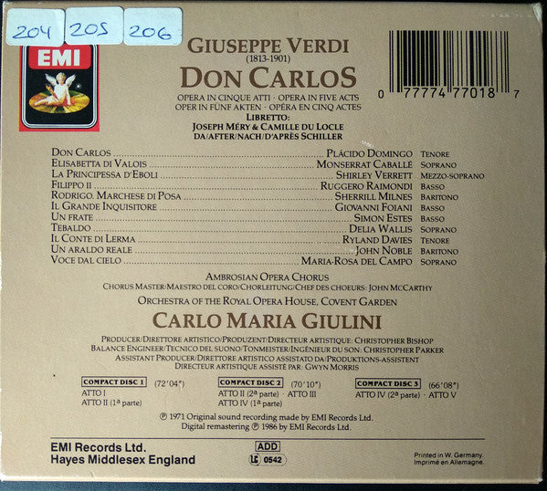 Giuseppe Verdi - Placido Domingo · Montserrat Caballé · Ruggero Raimondi · Shirley Verrett · Sherrill Milnes · Giovanni Foiani · Simon Estes · The Ambrosian Opera Chorus · Orchestra Of The Royal Opera House, Covent Garden · Carlo Maria Giulini : Don Carlos (3xCD, Album, RE, RM + Box, Sli)
