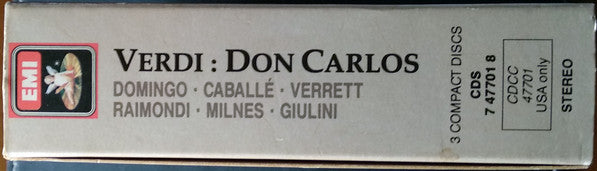 Giuseppe Verdi - Placido Domingo · Montserrat Caballé · Ruggero Raimondi · Shirley Verrett · Sherrill Milnes · Giovanni Foiani · Simon Estes · The Ambrosian Opera Chorus · Orchestra Of The Royal Opera House, Covent Garden · Carlo Maria Giulini : Don Carlos (3xCD, Album, RE, RM + Box, Sli)