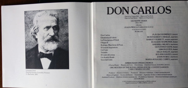 Giuseppe Verdi - Placido Domingo · Montserrat Caballé · Ruggero Raimondi · Shirley Verrett · Sherrill Milnes · Giovanni Foiani · Simon Estes · The Ambrosian Opera Chorus · Orchestra Of The Royal Opera House, Covent Garden · Carlo Maria Giulini : Don Carlos (3xCD, Album, RE, RM + Box, Sli)