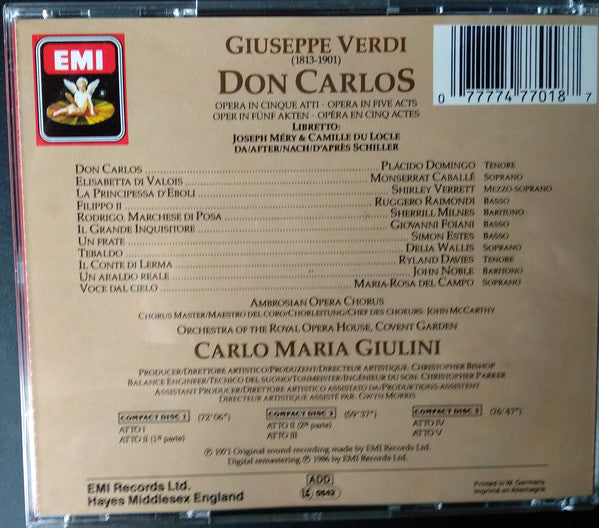 Giuseppe Verdi - Placido Domingo · Montserrat Caballé · Ruggero Raimondi · Shirley Verrett · Sherrill Milnes · Giovanni Foiani · Simon Estes · The Ambrosian Opera Chorus · Orchestra Of The Royal Opera House, Covent Garden · Carlo Maria Giulini : Don Carlos (3xCD, Album, RE, RM + Box, Sli)