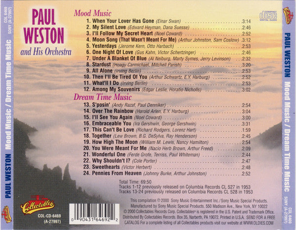 Paul Weston And His Orchestra : Mood Music / Dream Time Music (CD, Comp, Mono)