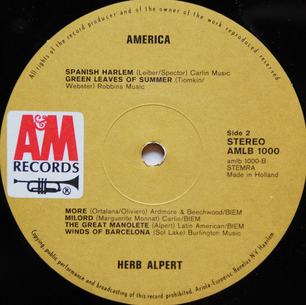 Herb Alpert & The Tijuana Brass : America (LP, Comp, RE)