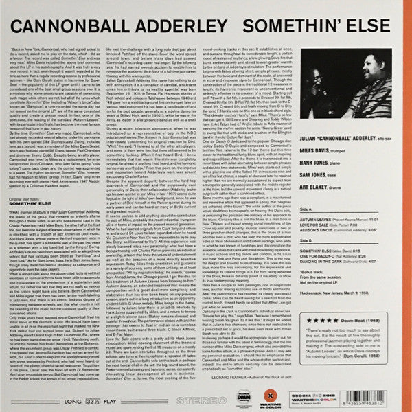 Cannonball Adderley, Miles Davis, Hank Jones, Sam Jones, Art Blakey : Somethin' Else (LP, Album, Ltd, RE, Ora)