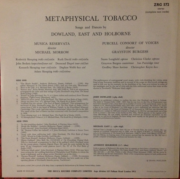 John Dowland, Michael East, Anthony Holborne / Musica Reservata , Director Michael Morrow / The Purcell Consort Of Voices , Director Grayston Burgess : Metaphysical Tobacco - Songs And Dances By Dowland, East And Holborne (LP)