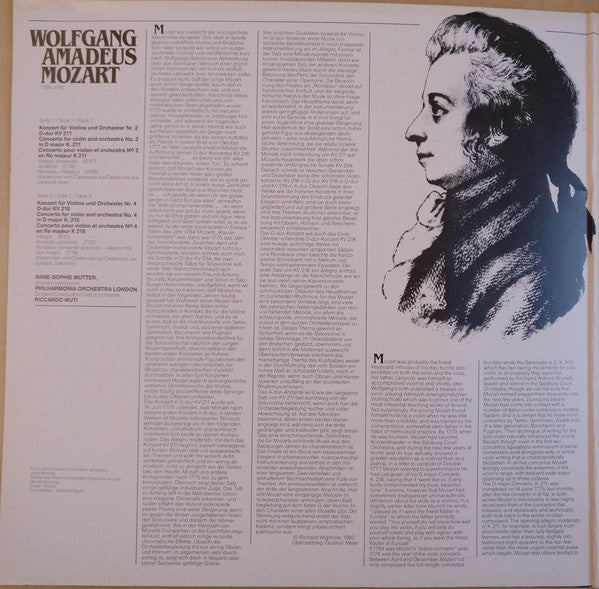 Anne-Sophie Mutter / Riccardo Muti, Mozart*, Philharmonia Orchestra : Violinkonzerte No.2 D-dur K.211 · No.4 D-dur K.218 (LP)