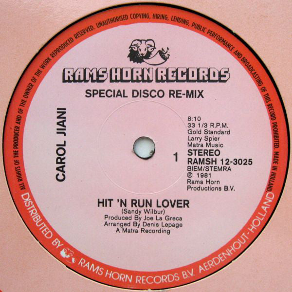 Carol Jiani : Hit 'n Run Lover (Special Disco Re-Mix) (12", Single)