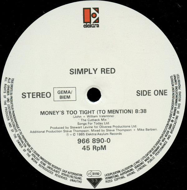 Simply Red : Money's Too Tight (To Mention) (The Cutback Mix) (12", Maxi)