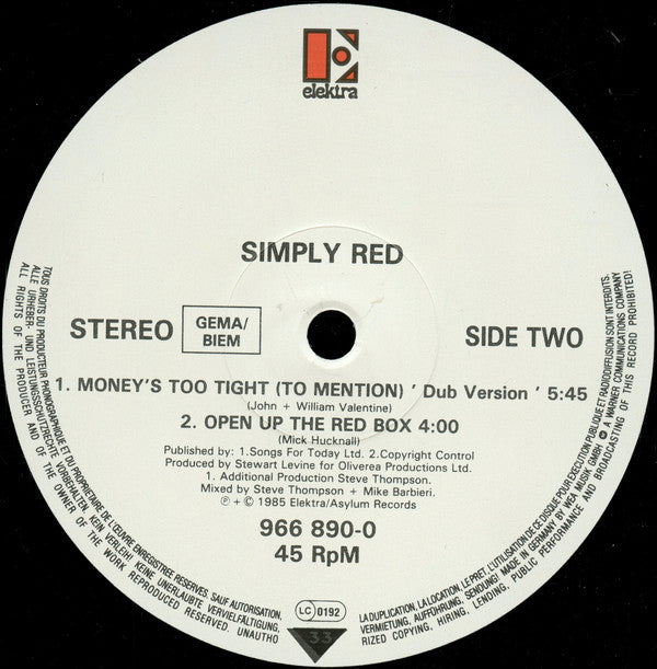 Simply Red : Money's Too Tight (To Mention) (The Cutback Mix) (12", Maxi)